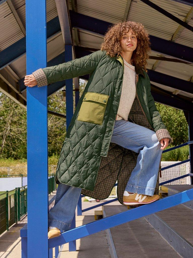 Stella Longline Quilted Coat in DK GREEN - MIXED