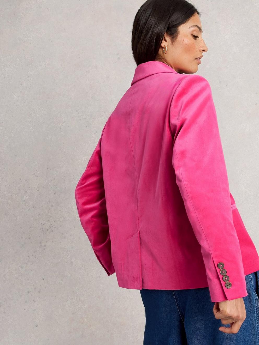 Evelyn Velvet Collared Blazer in BRT PINK - MODEL BACK