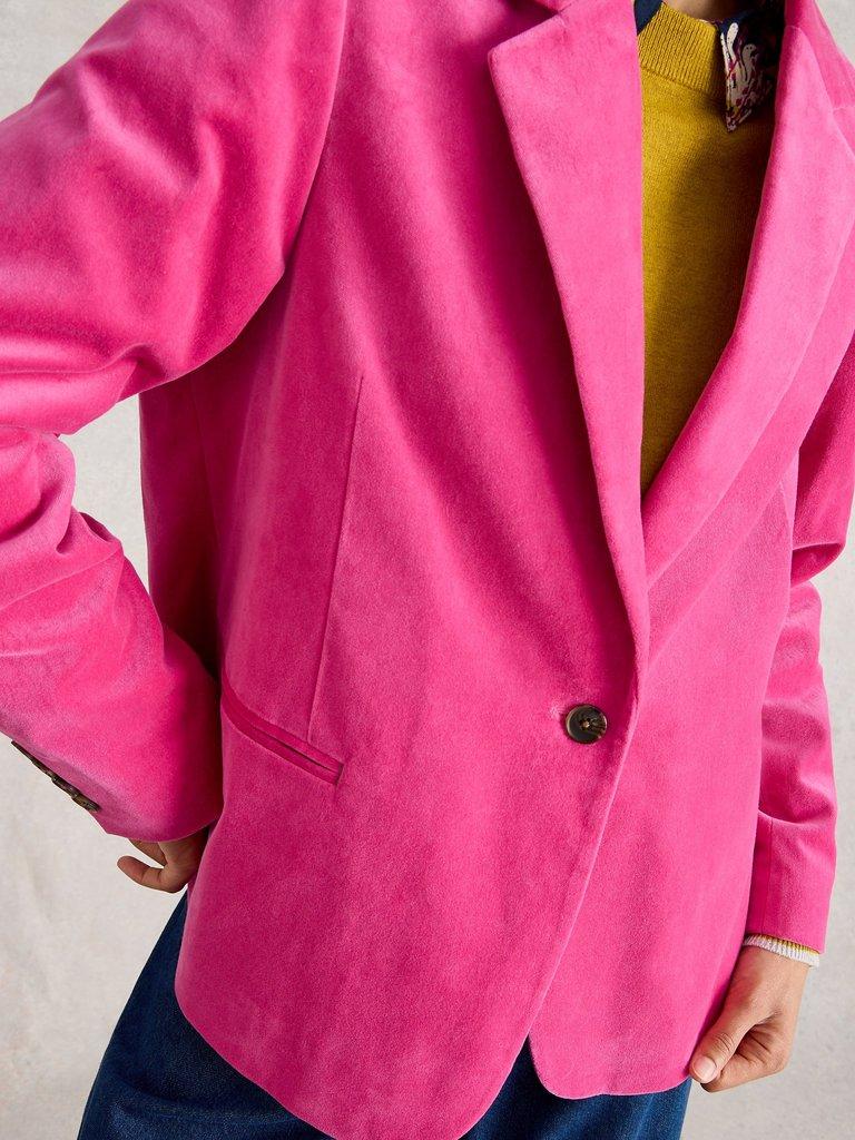 Evelyn Velvet Collared Blazer in BRT PINK - MODEL DETAIL