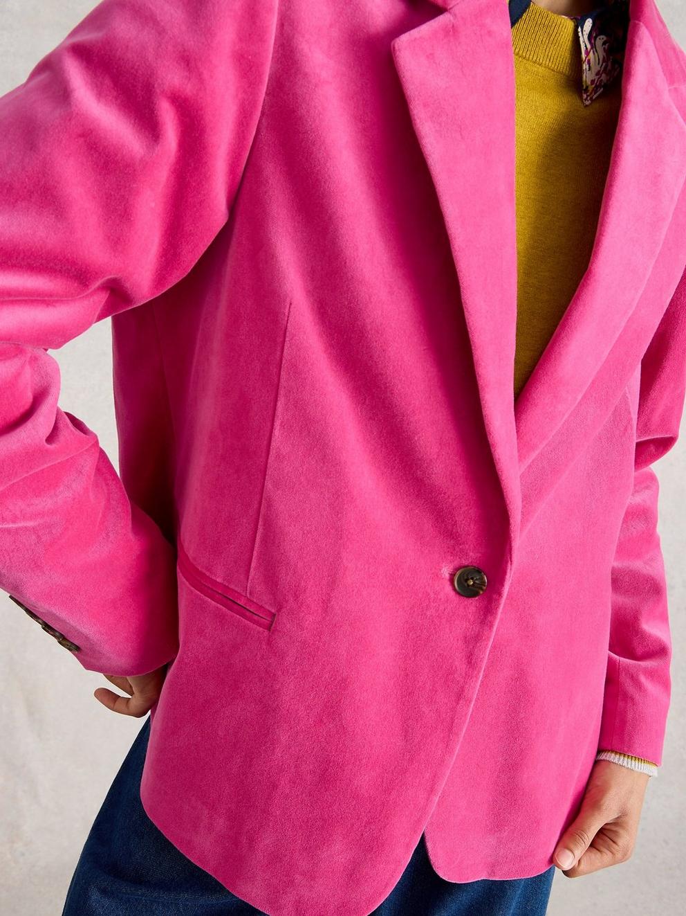 Evelyn Velvet Collared Blazer in BRT PINK - MODEL DETAIL