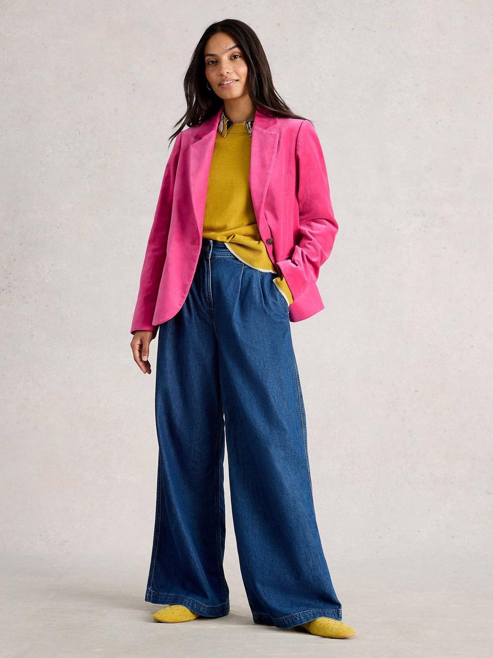 Evelyn Velvet Collared Blazer in BRT PINK - MODEL FRONT