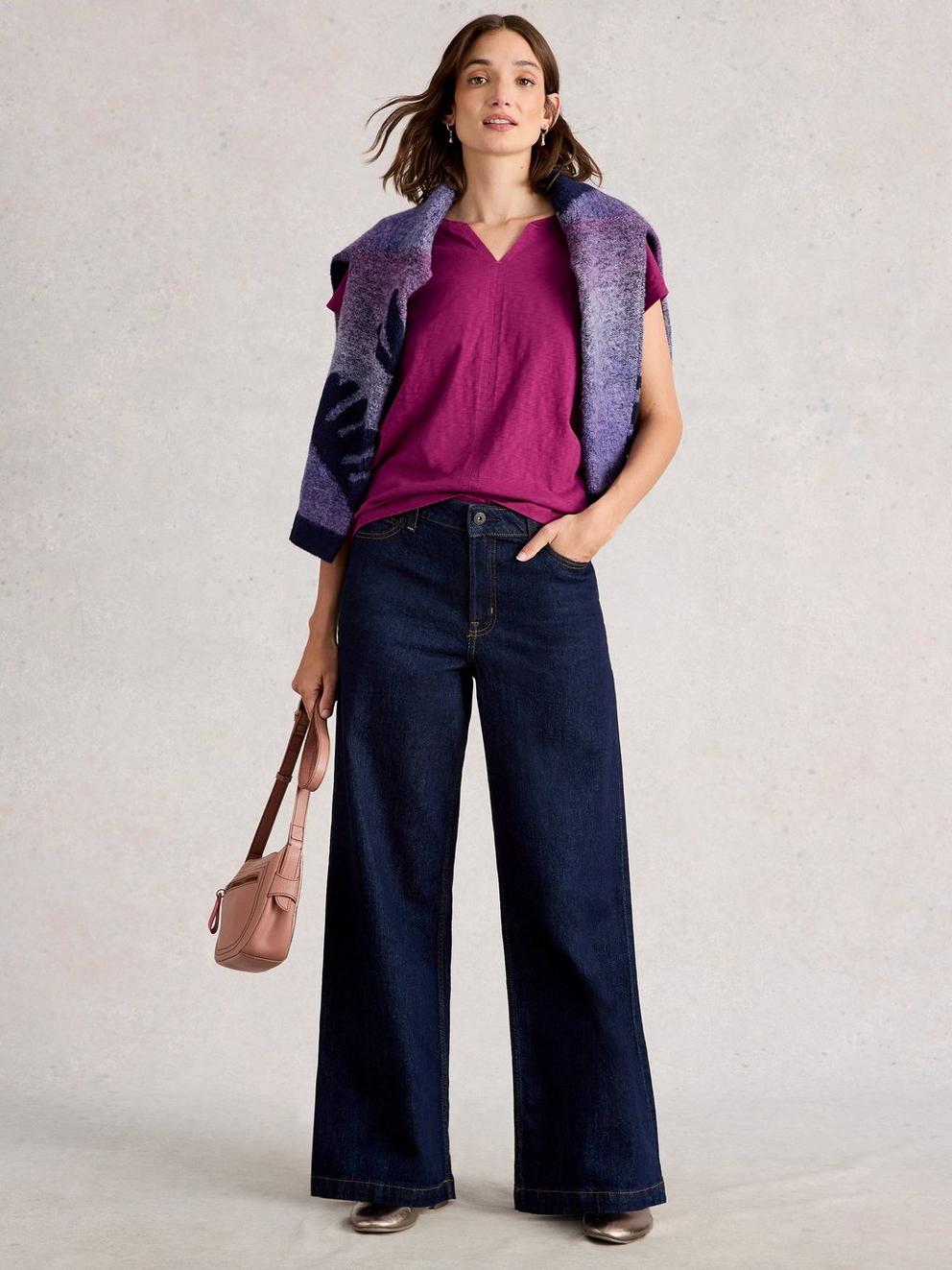 NELLY TEE NOTCH NECK in DK PLUM - MODEL FRONT