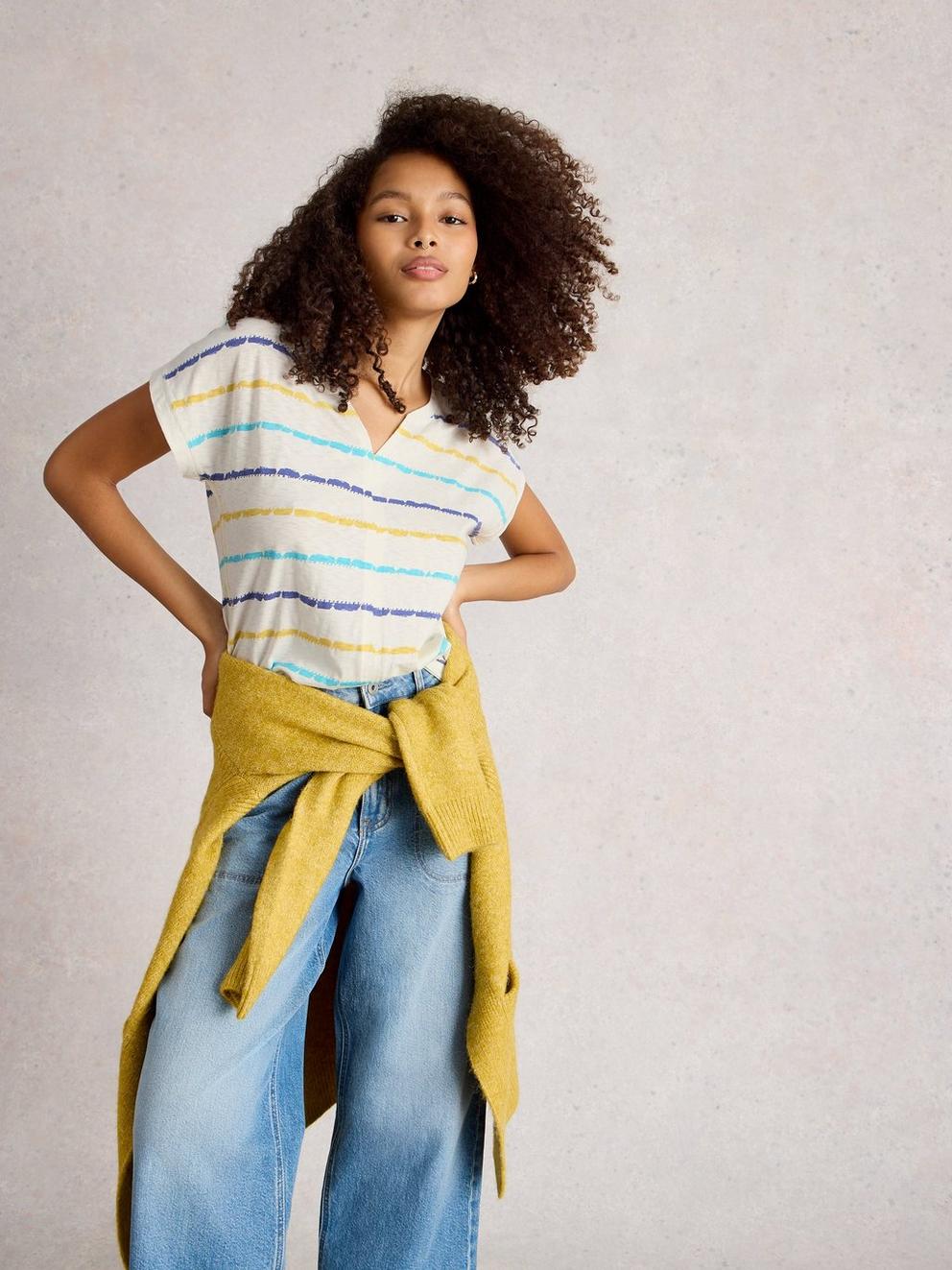 NELLY NOTCH STRIPE NECK TEE in WHITE MLT - MODEL DETAIL