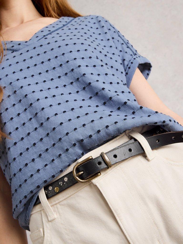 EMBROIDERED STRIPE TEE in BLUE MLT - MODEL DETAIL