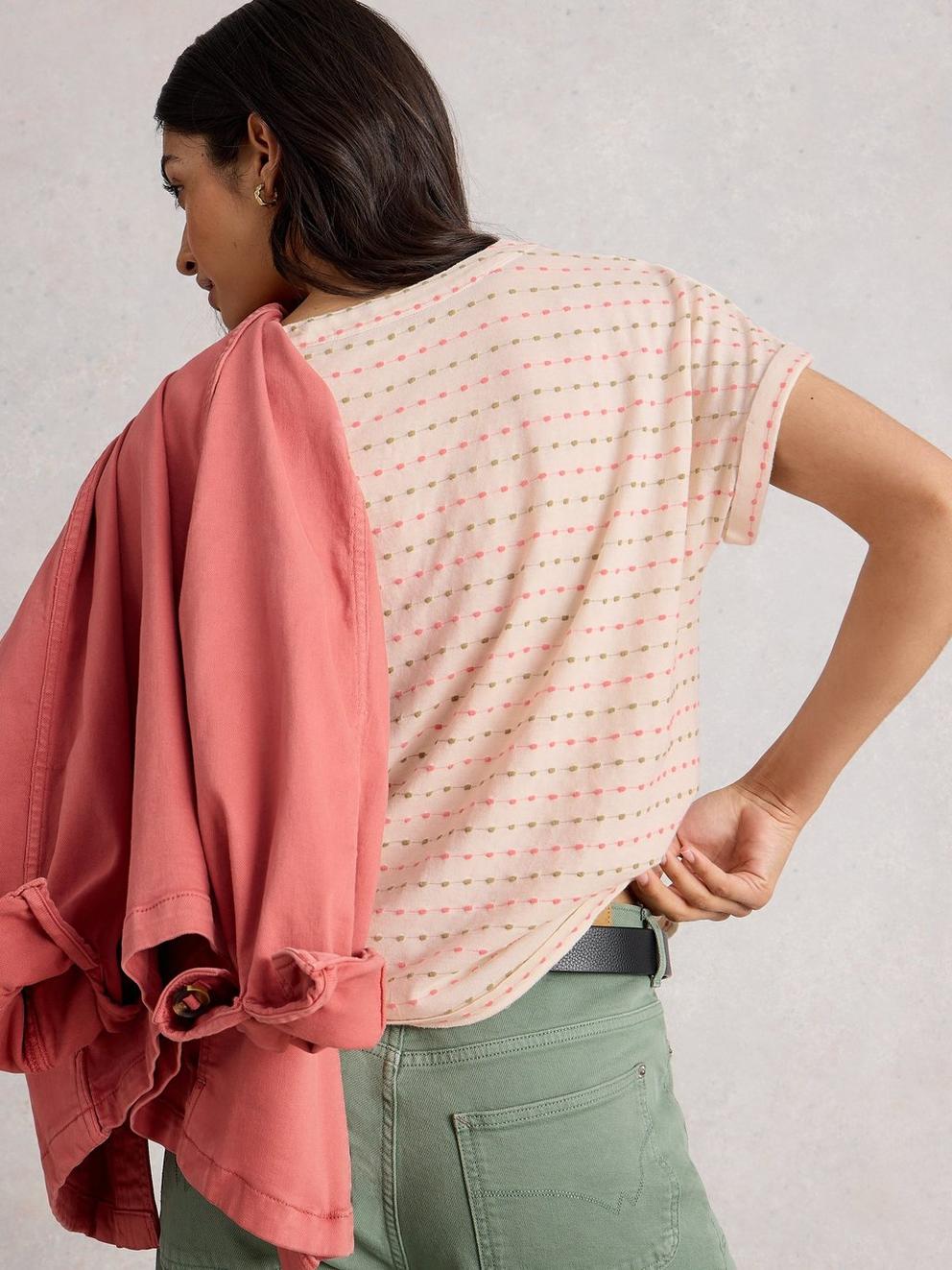 EMBROIDERED STRIPE TEE in IVORY MLT - MODEL BACK