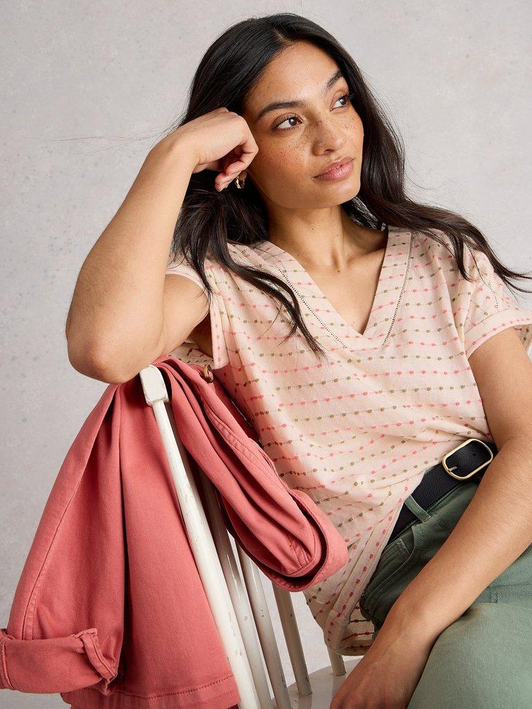 EMBROIDERED STRIPE TEE in IVORY MLT - MODEL DETAIL