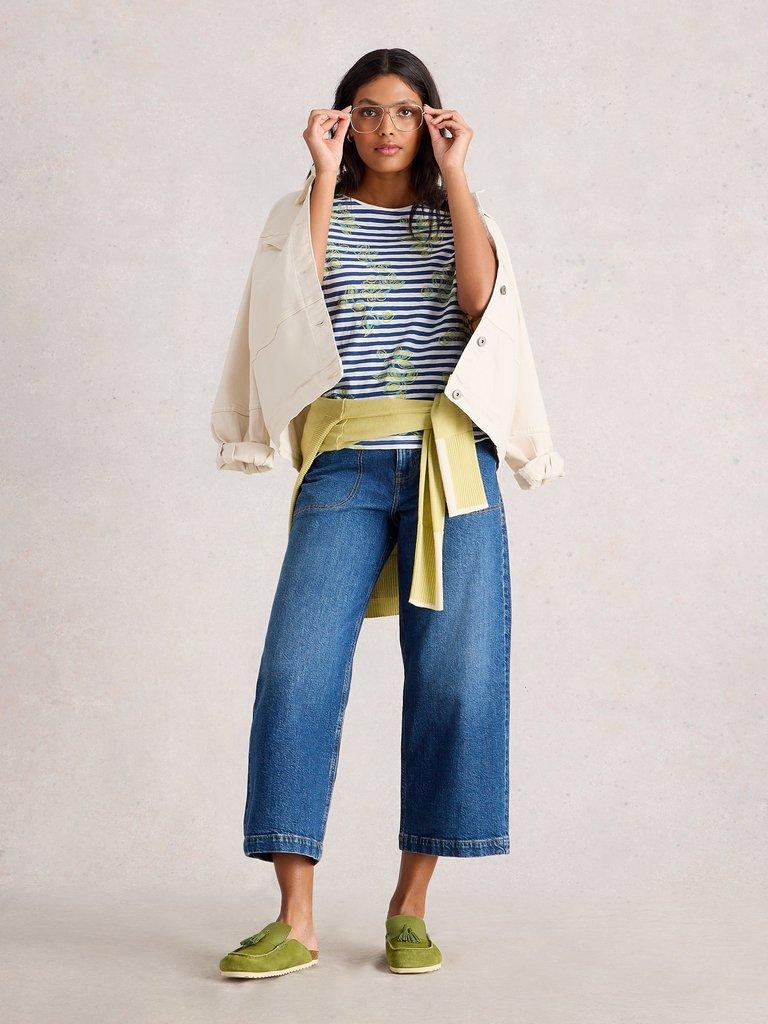 ABBIE CREW NECK SHORT SLEEVE TEE in BLUE MLT - MODEL FRONT