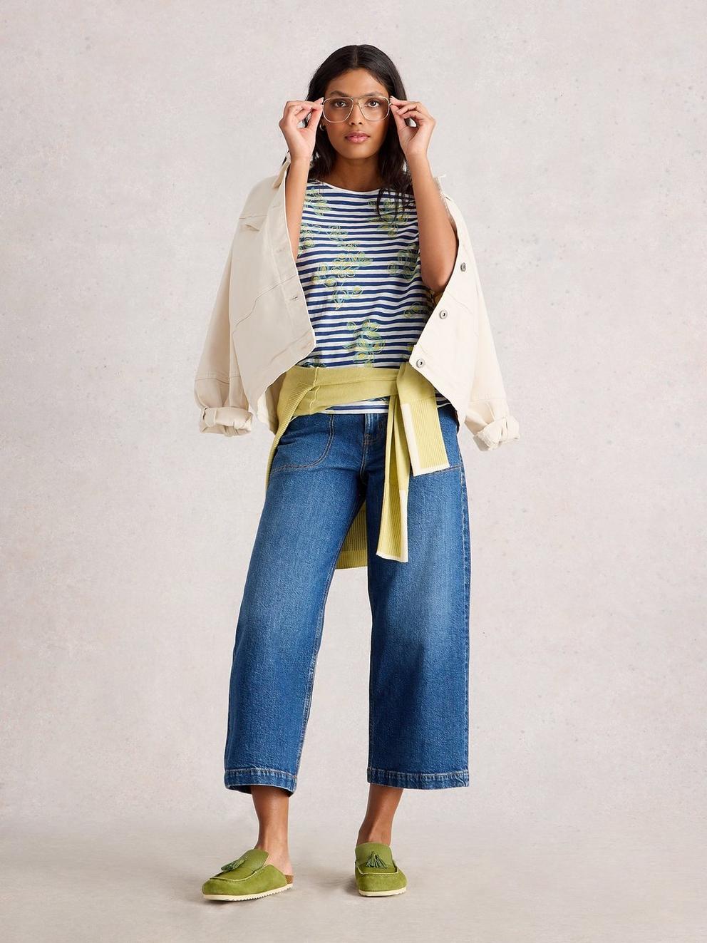 ABBIE CREW NECK SHORT SLEEVE TEE in BLUE MLT - MODEL FRONT