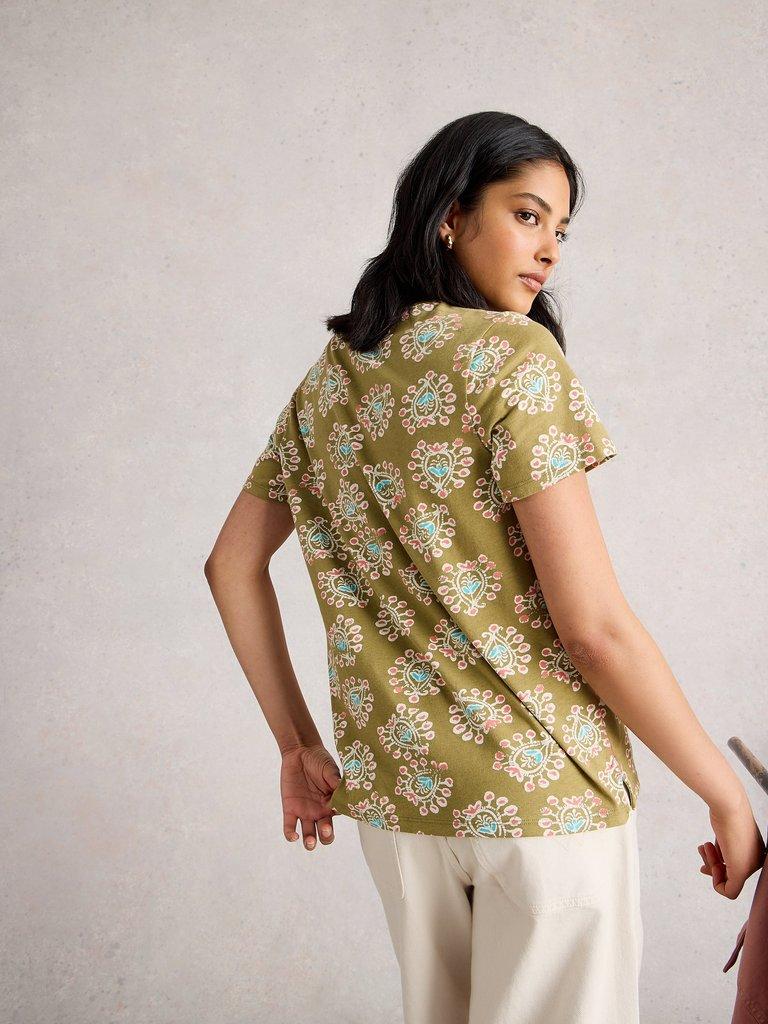 ABBIE CREW NECK SHORT SLEEVE TEE in KHAKI GRN - MODEL BACK