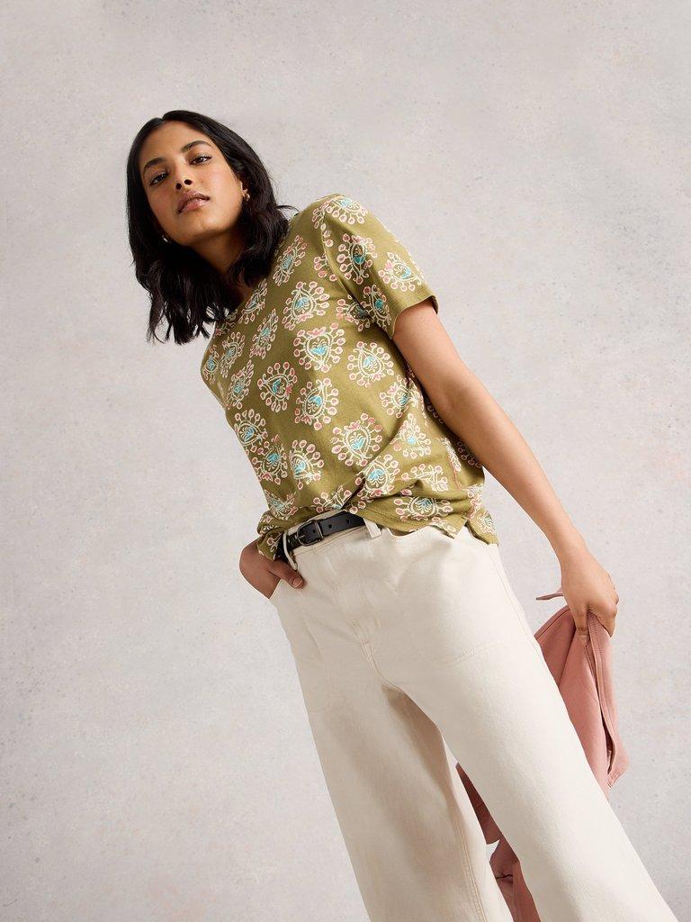 ABBIE CREW NECK SHORT SLEEVE TEE in KHAKI GRN - MODEL DETAIL