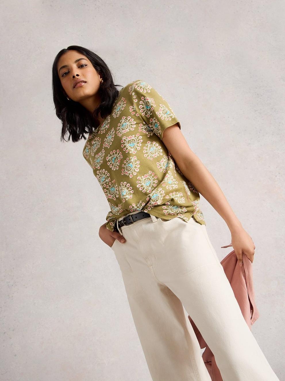 ABBIE CREW NECK SHORT SLEEVE TEE in KHAKI GRN - MODEL DETAIL