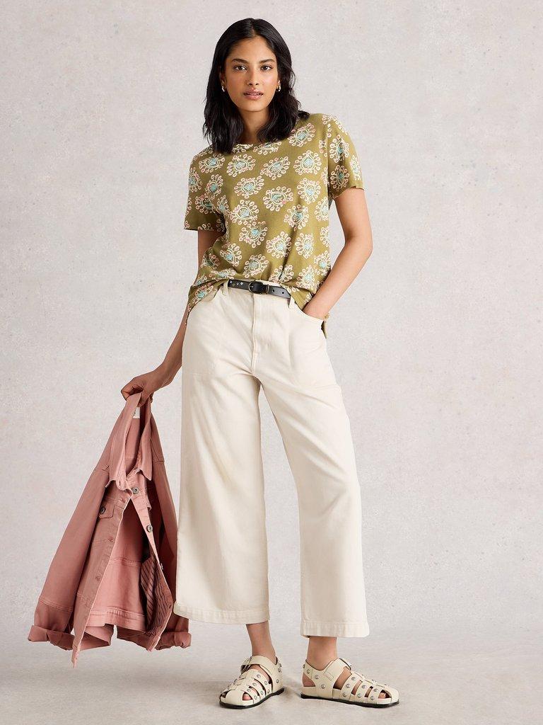 ABBIE CREW NECK SHORT SLEEVE TEE in KHAKI GRN - MODEL FRONT