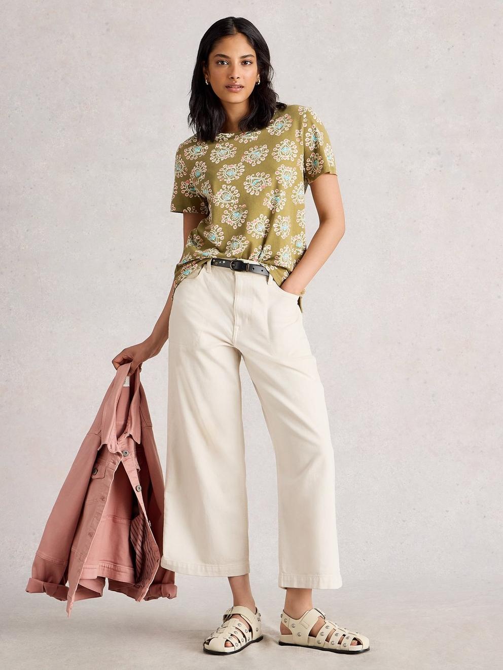 ABBIE CREW NECK SHORT SLEEVE TEE in KHAKI GRN - MODEL FRONT