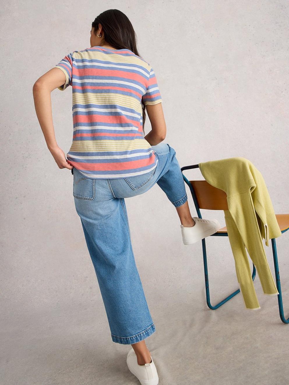 ABBIE STRIPED CREW NECK TEE in BLUE MLT - MODEL BACK