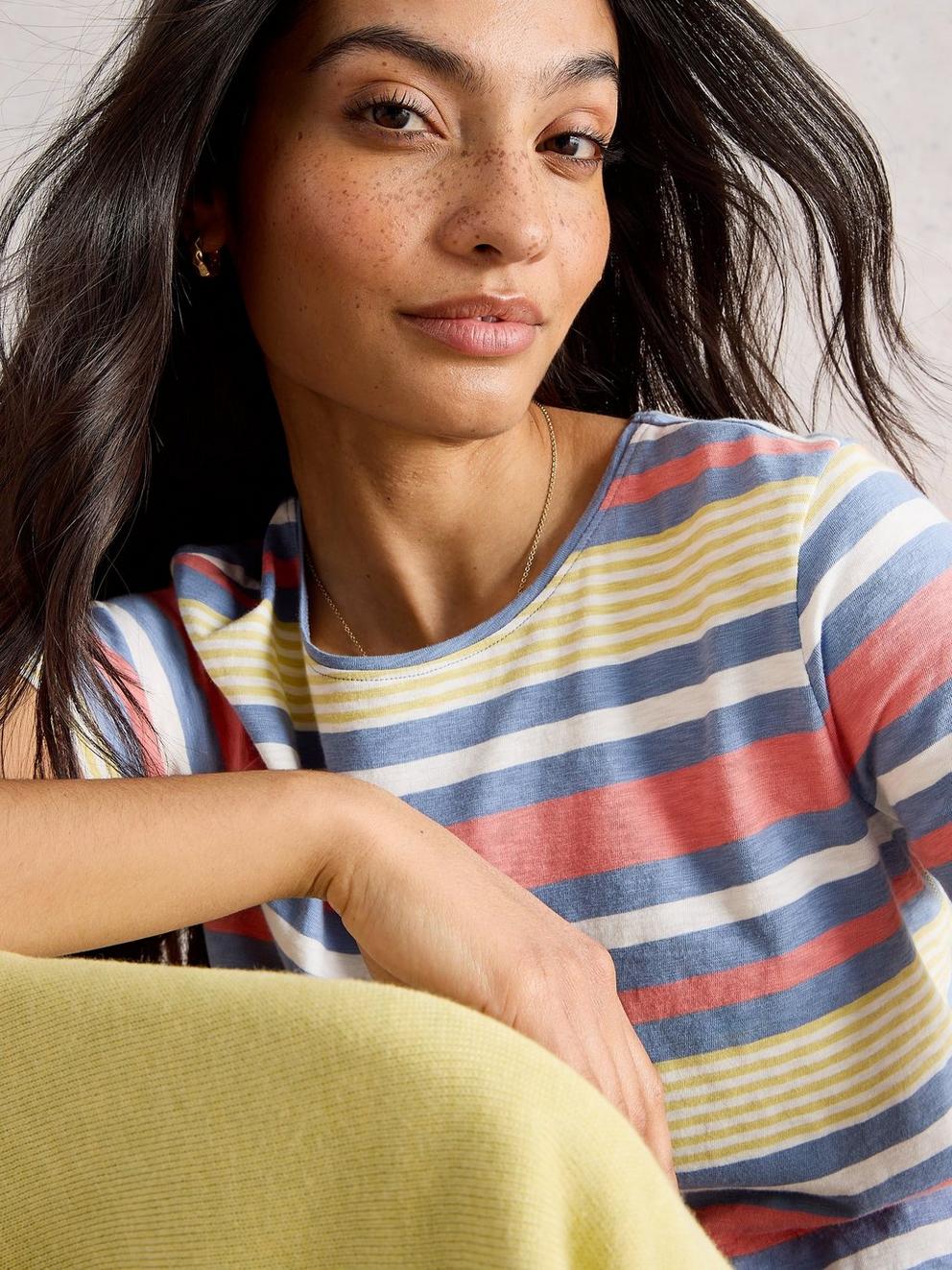 ABBIE STRIPED CREW NECK TEE in BLUE MLT - MODEL DETAIL