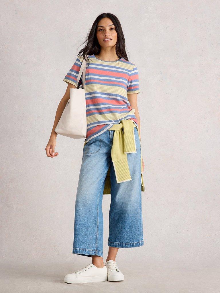 ABBIE STRIPED CREW NECK TEE in BLUE MLT - MODEL FRONT