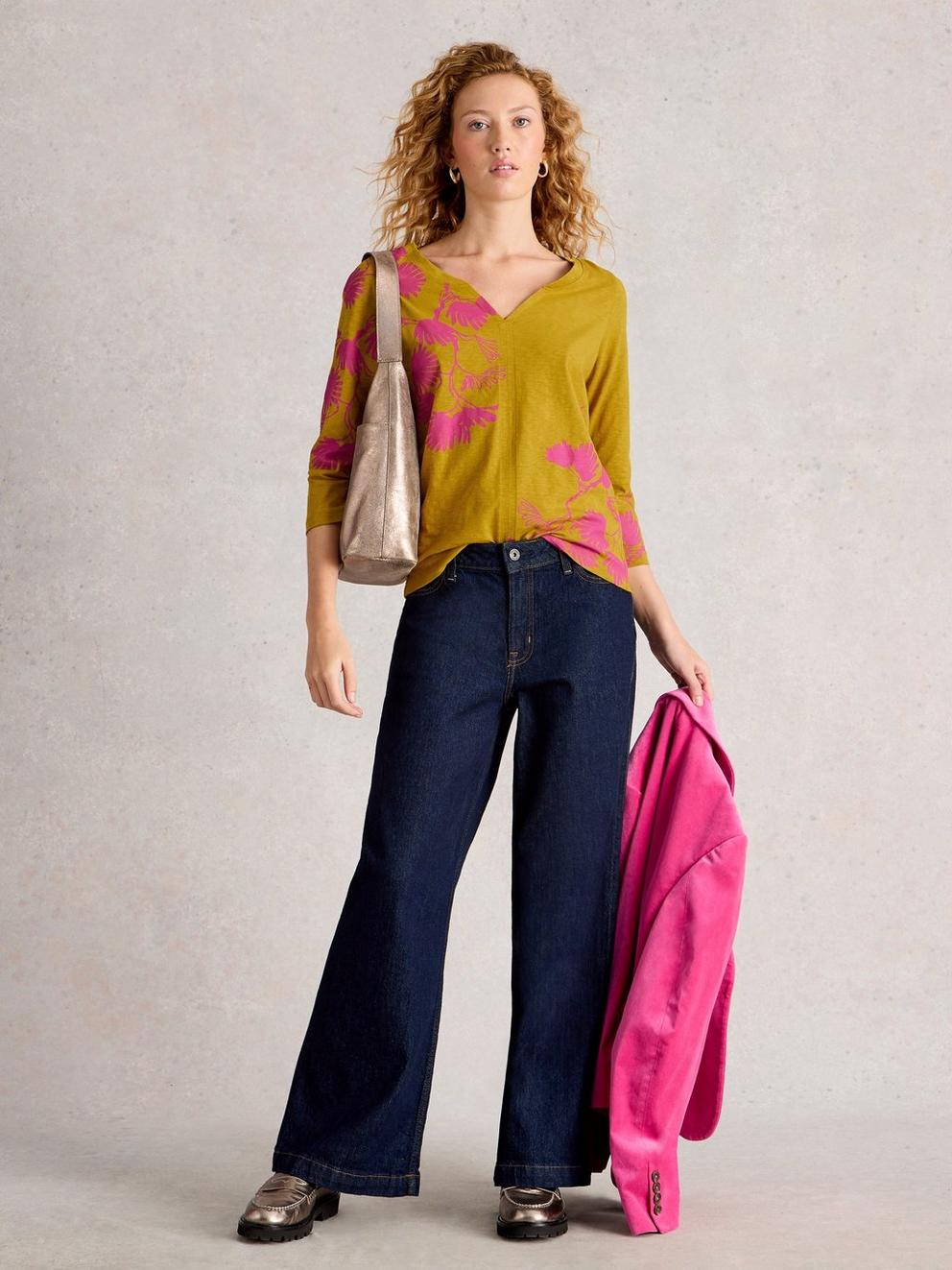 NELLY NOTCH NECK MID SLEEVE TEE in CHART PR - MODEL FRONT