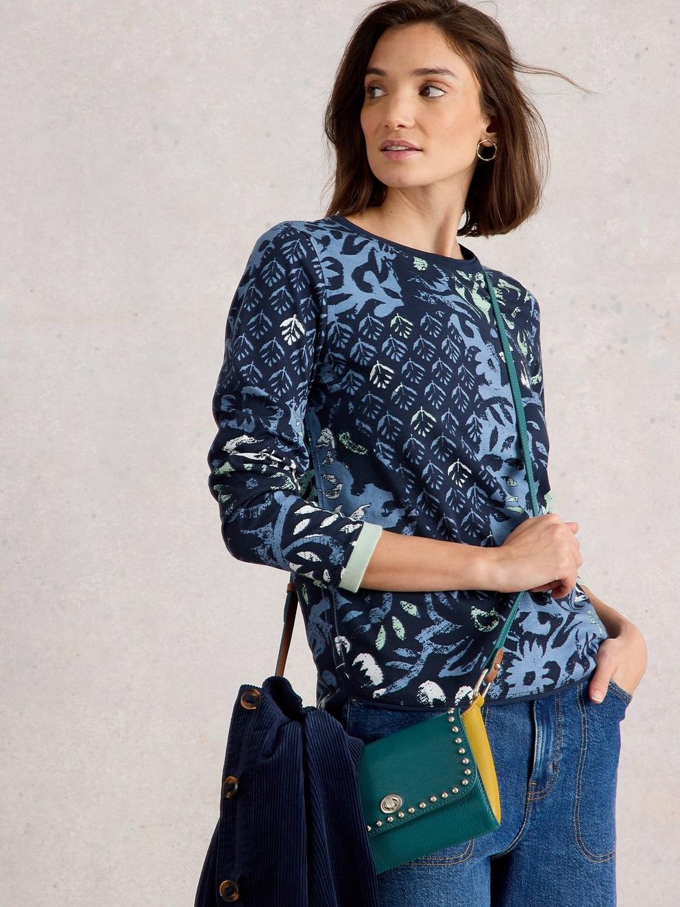 CLARA CREW NECK LONG SLEEVE TEE in BLUE MLT - LIFESTYLE