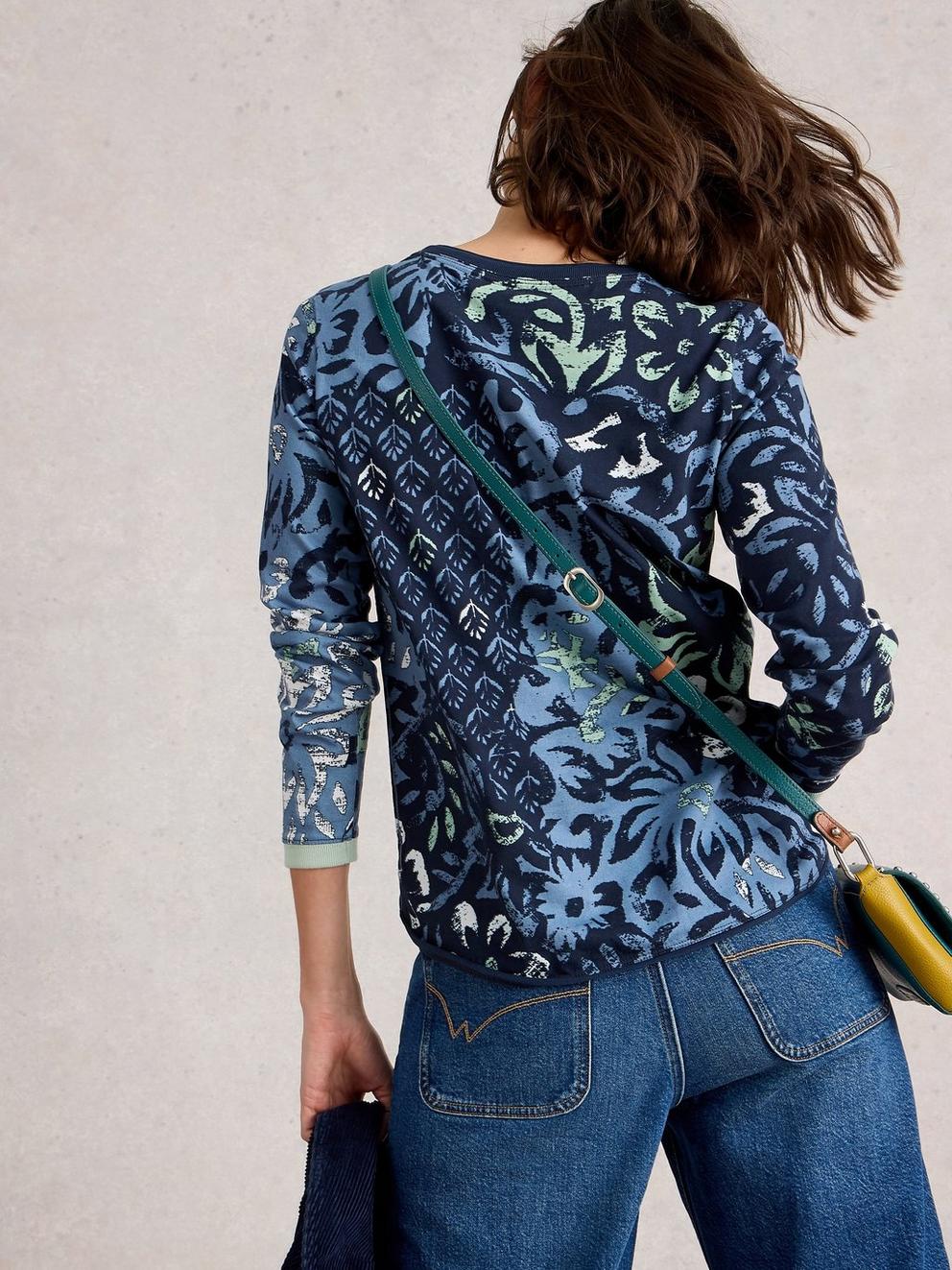CLARA CREW NECK LONG SLEEVE TEE in BLUE MLT - MODEL BACK