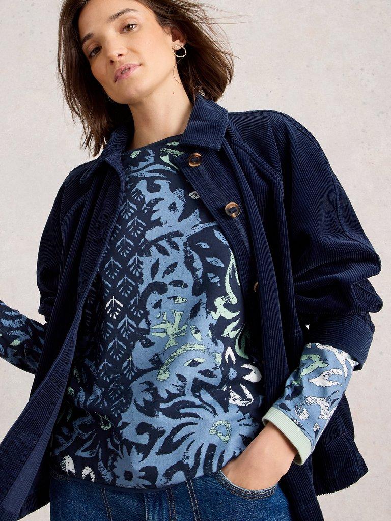CLARA CREW NECK LONG SLEEVE TEE in BLUE MLT - MODEL DETAIL