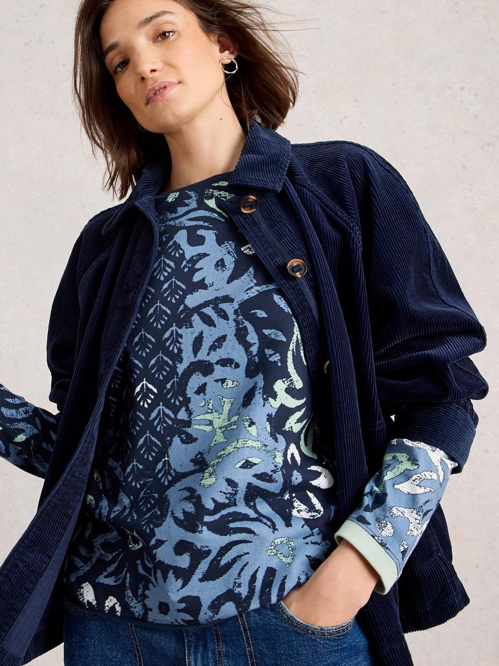 CLARA CREW NECK LONG SLEEVE TEE in BLUE MLT - MODEL DETAIL