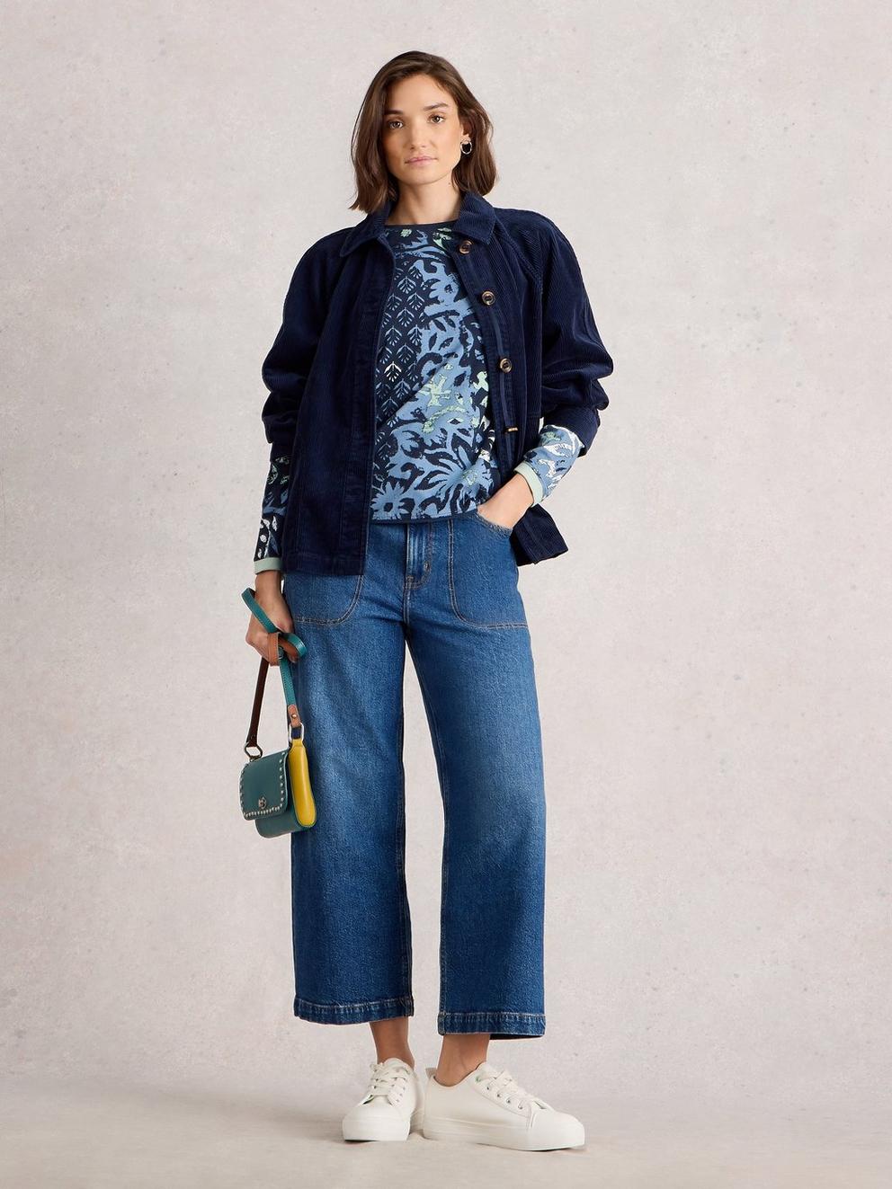 CLARA CREW NECK LONG SLEEVE TEE in BLUE MLT - MODEL FRONT