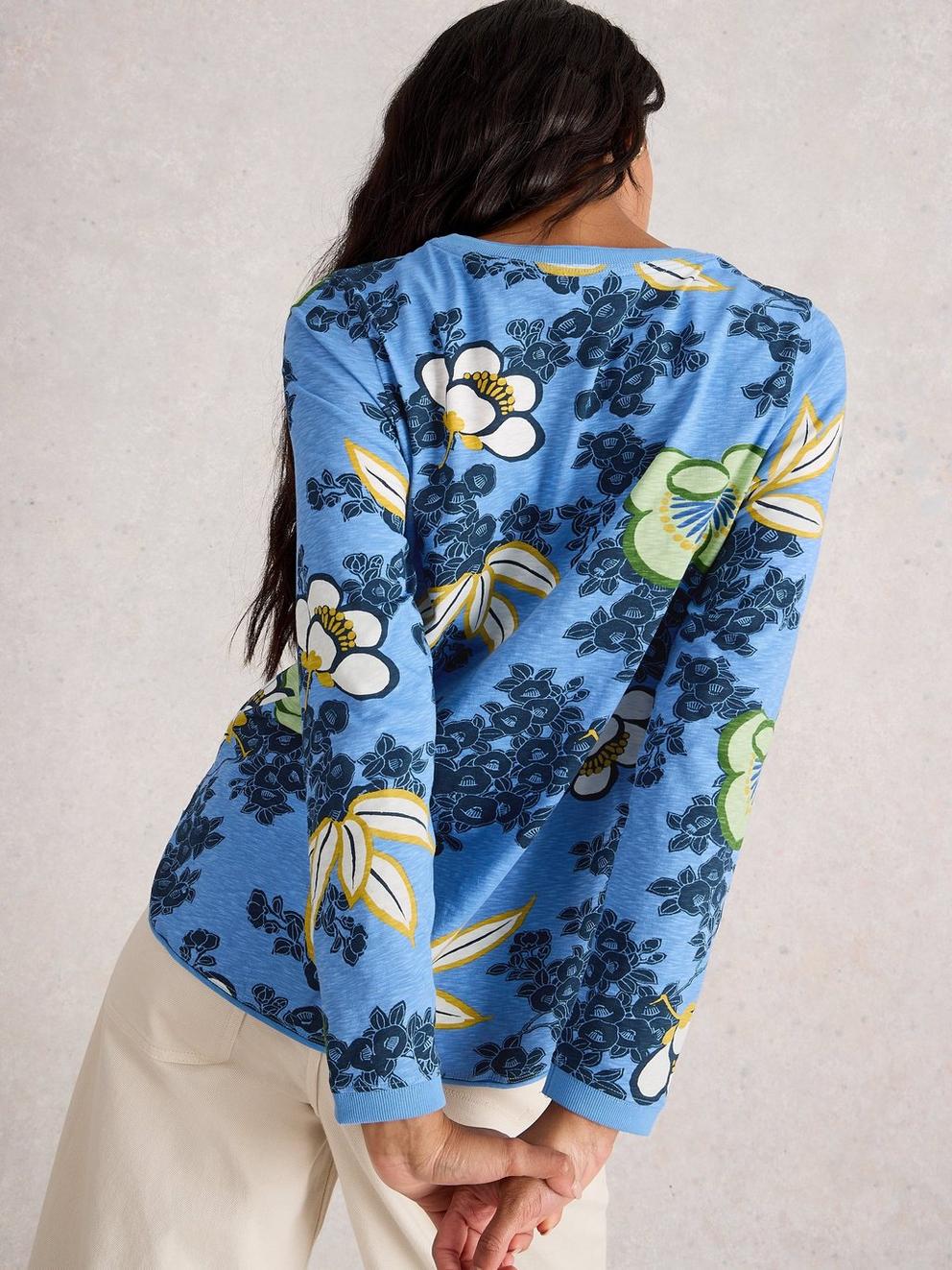 CLARA CREW NECK LONG SLEEVE TEE in MID BLUE - MODEL BACK