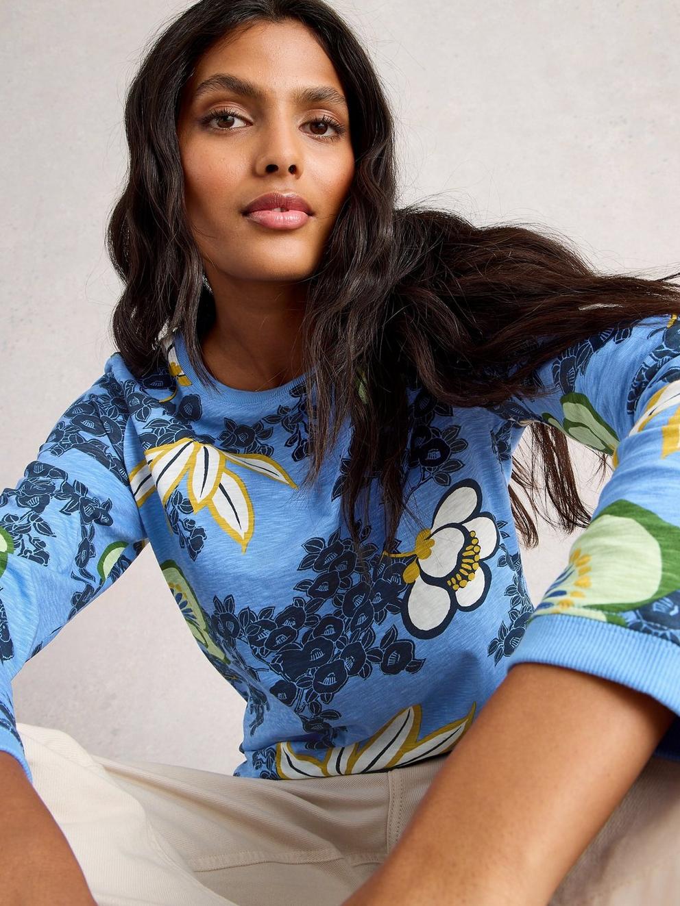 CLARA CREW NECK LONG SLEEVE TEE in MID BLUE - MODEL DETAIL