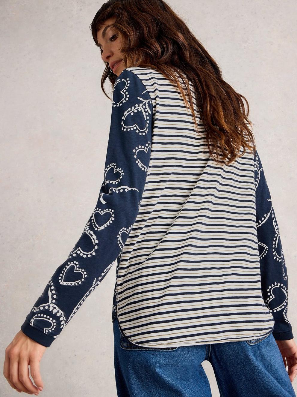CLARA CREW NECK LONG SLEEVE TEE in NAVY MULTI - MODEL BACK
