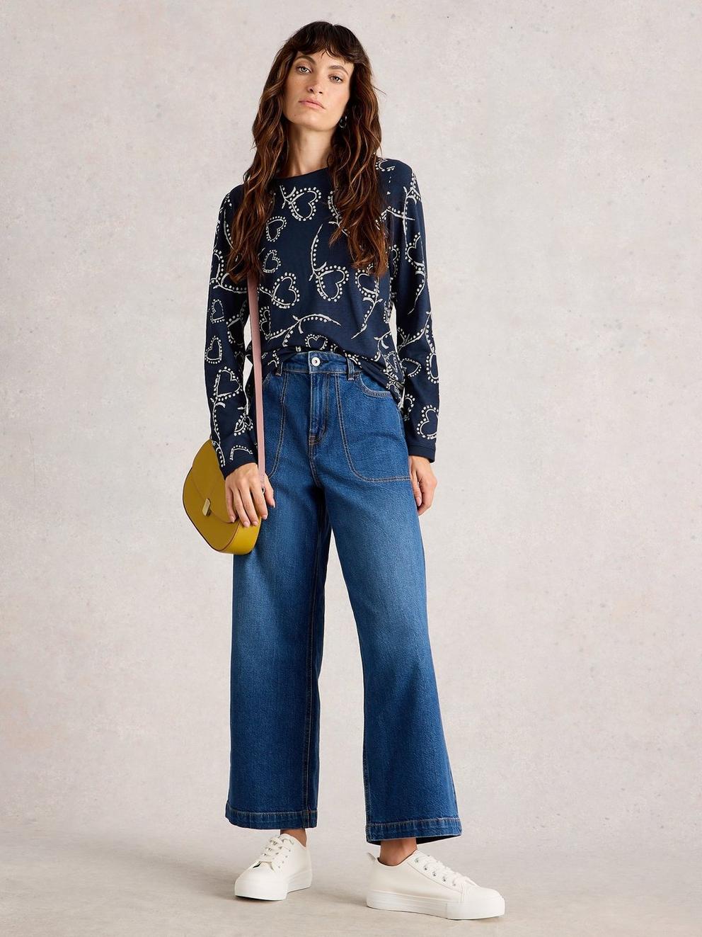 CLARA CREW NECK LONG SLEEVE TEE in NAVY MULTI - MODEL FRONT