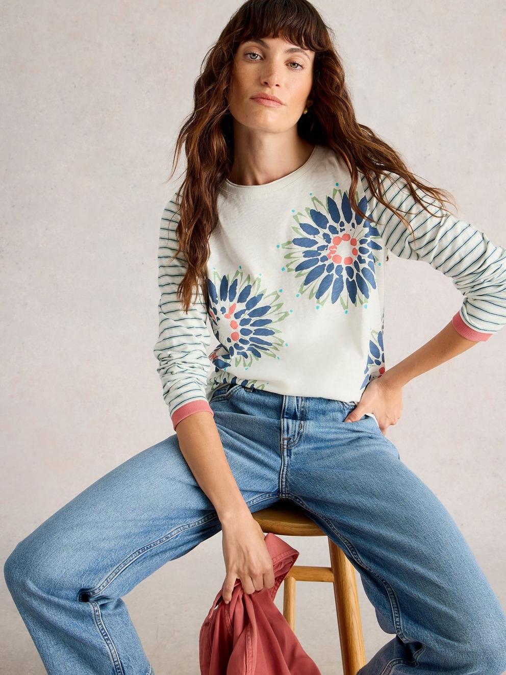 CLARA CREW NECK LONG SLEEVE TEE in WHITE MLT - LIFESTYLE