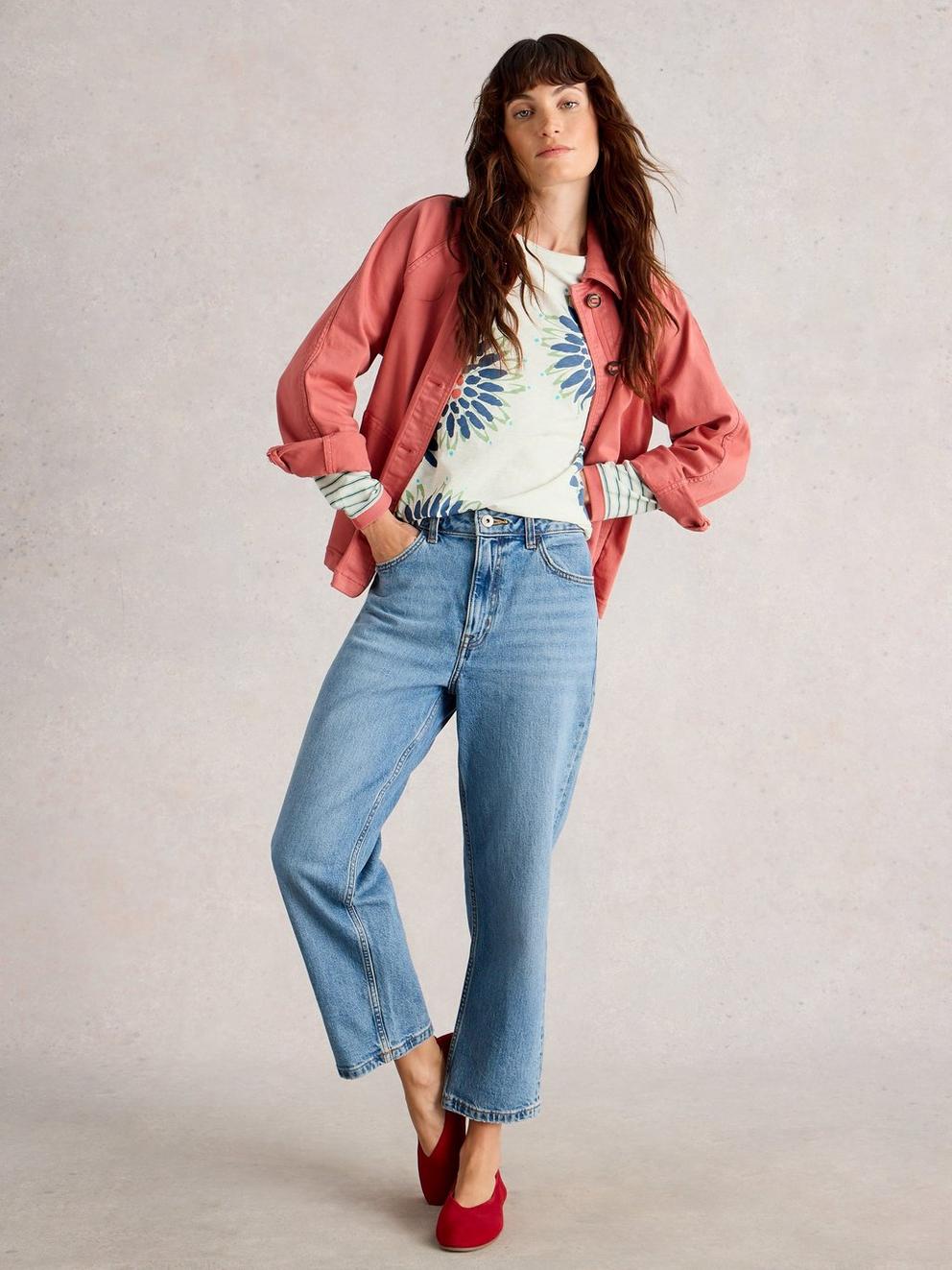 CLARA CREW NECK LONG SLEEVE TEE in WHITE MLT - MODEL FRONT