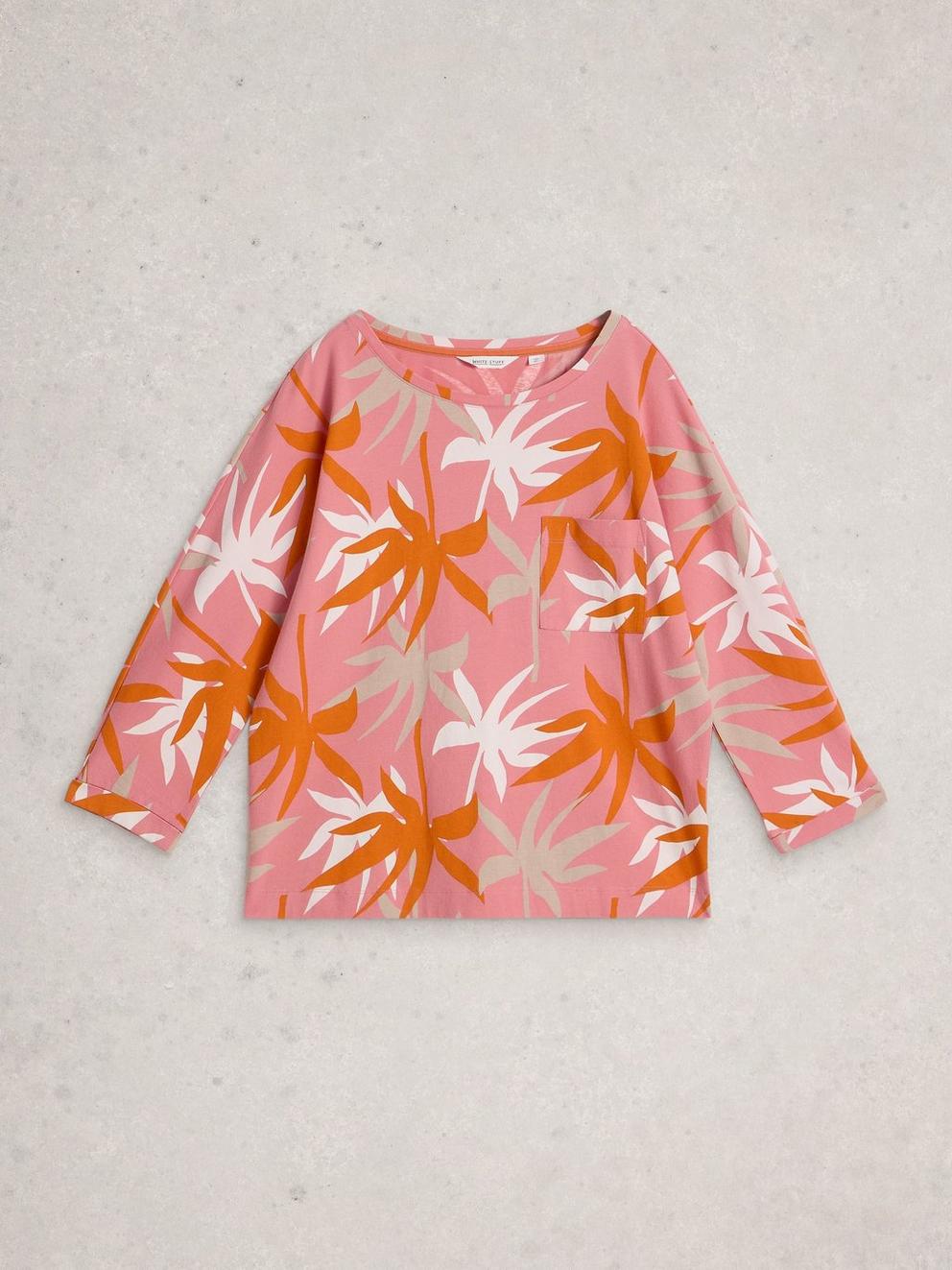DEMI DOLMAN MID SLEEVE TOP in CORAL MLT - FLAT FRONT