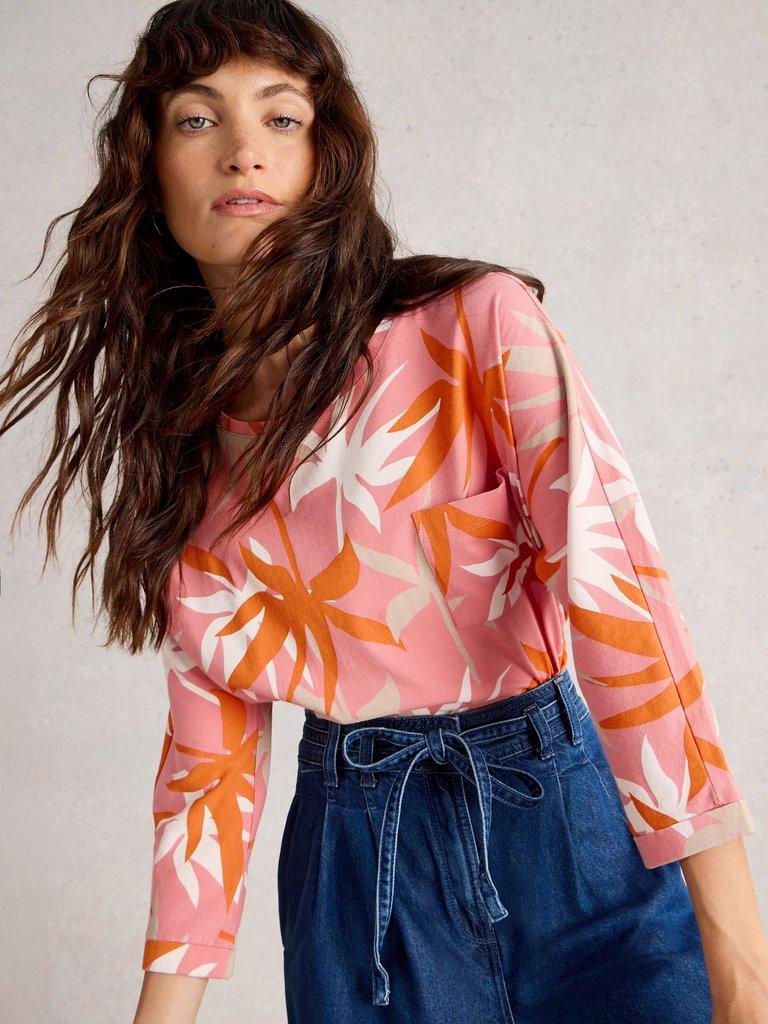 DEMI DOLMAN MID SLEEVE TOP in CORAL MLT - MODEL DETAIL