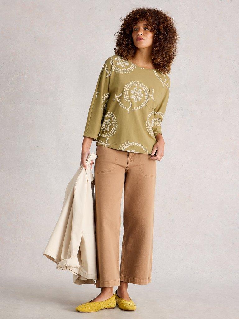 DEMI DOLMAN MID SLEEVE TOP in GREEN PR - MODEL FRONT