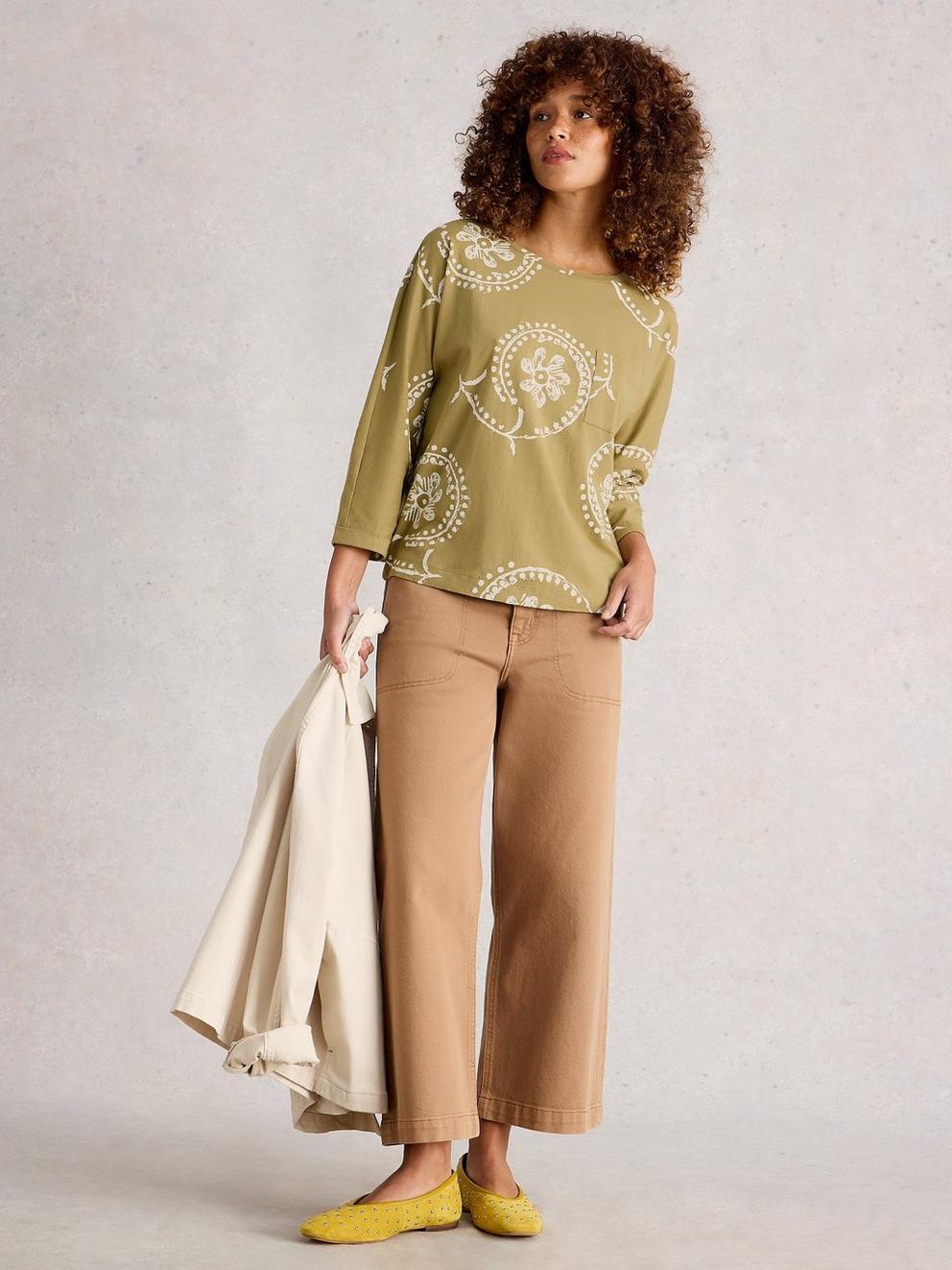 DEMI DOLMAN MID SLEEVE TOP in GREEN PR - MODEL FRONT