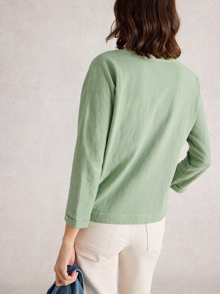 DEMI DOLMAN CREW NECK TOP in MID GREEN - MODEL BACK
