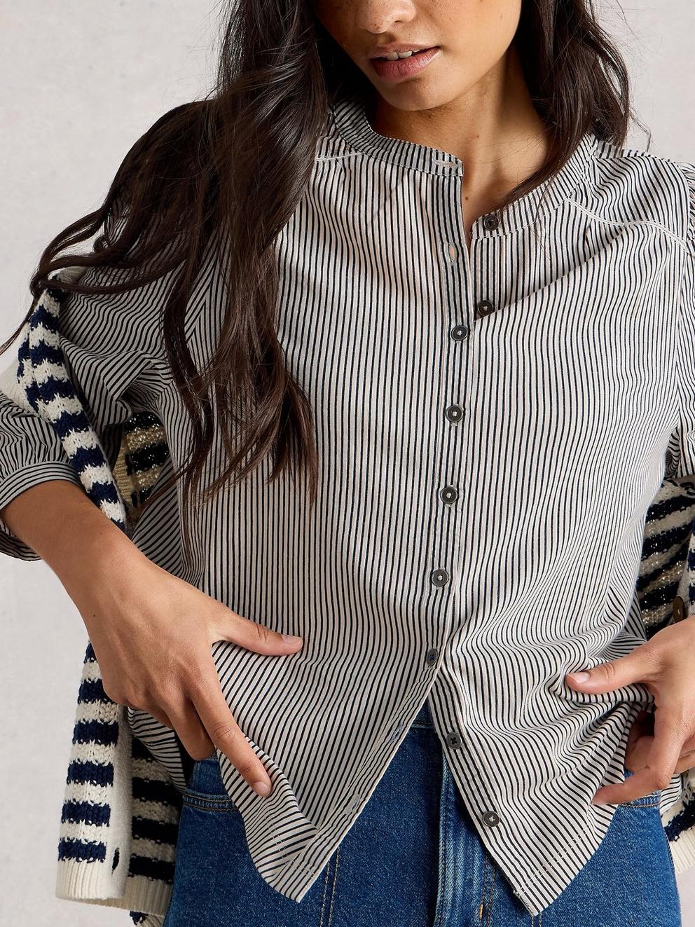 STRIPE MIX SHIRT in WHITE MLT - MODEL DETAIL
