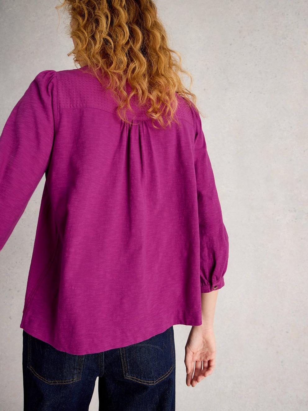 ISLA HALF BUTTON TOP in DK PLUM - MODEL BACK