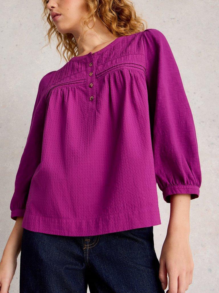 ISLA HALF BUTTON TOP in DK PLUM - MODEL DETAIL
