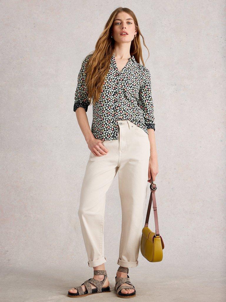 ANNIE JERSEY MID LENGTH SHIRT in BLUE MLT - MODEL FRONT