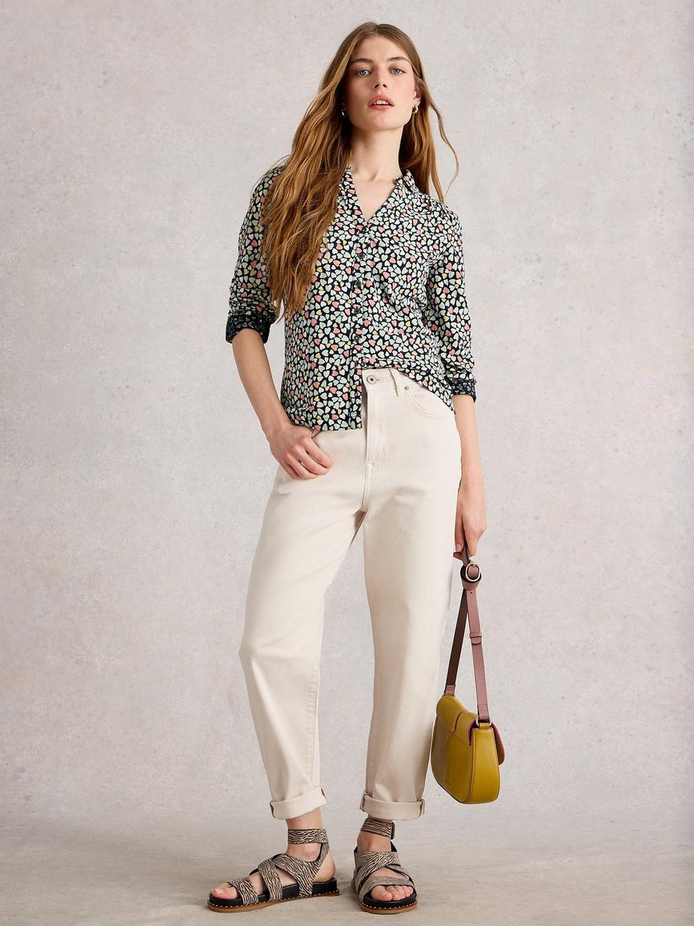 ANNIE JERSEY MID LENGTH SHIRT in BLUE MLT - MODEL FRONT