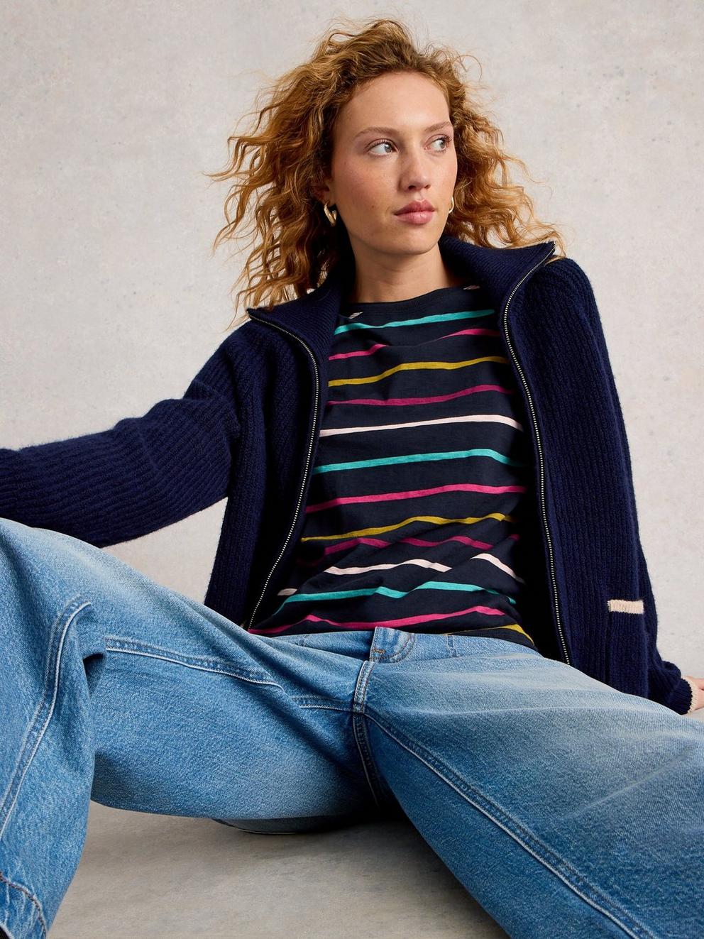 CLARA STRIPE CREW NECK TEE in NAVY MULTI - LIFESTYLE