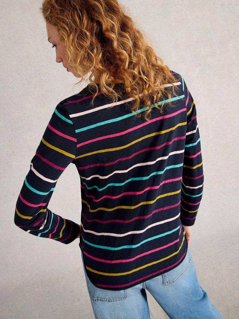 CLARA STRIPE CREW NECK TEE in NAVY MULTI - MODEL BACK