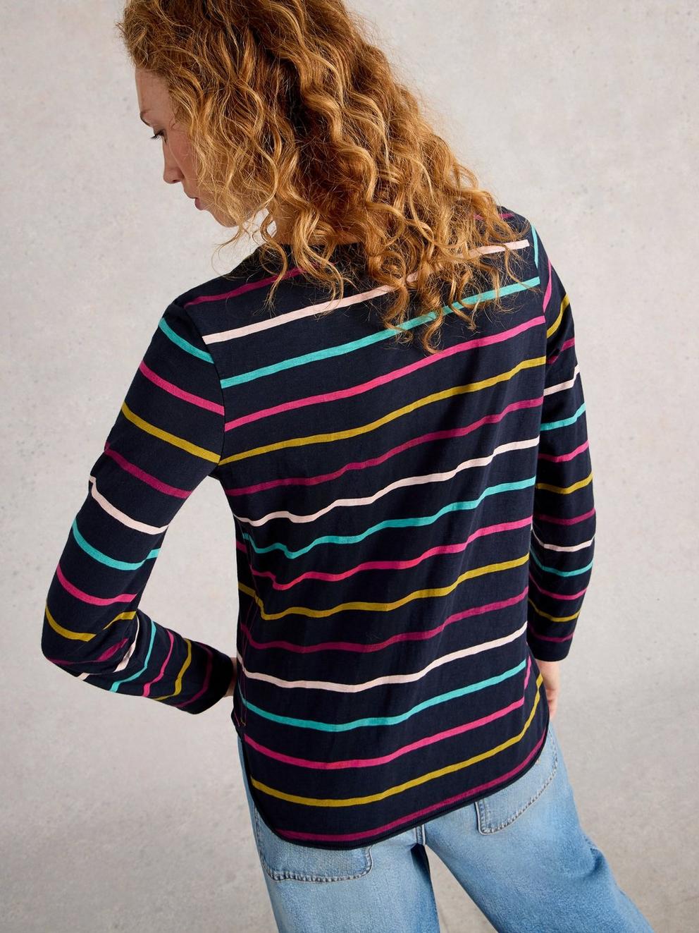 CLARA STRIPE CREW NECK TEE in NAVY MULTI - MODEL BACK