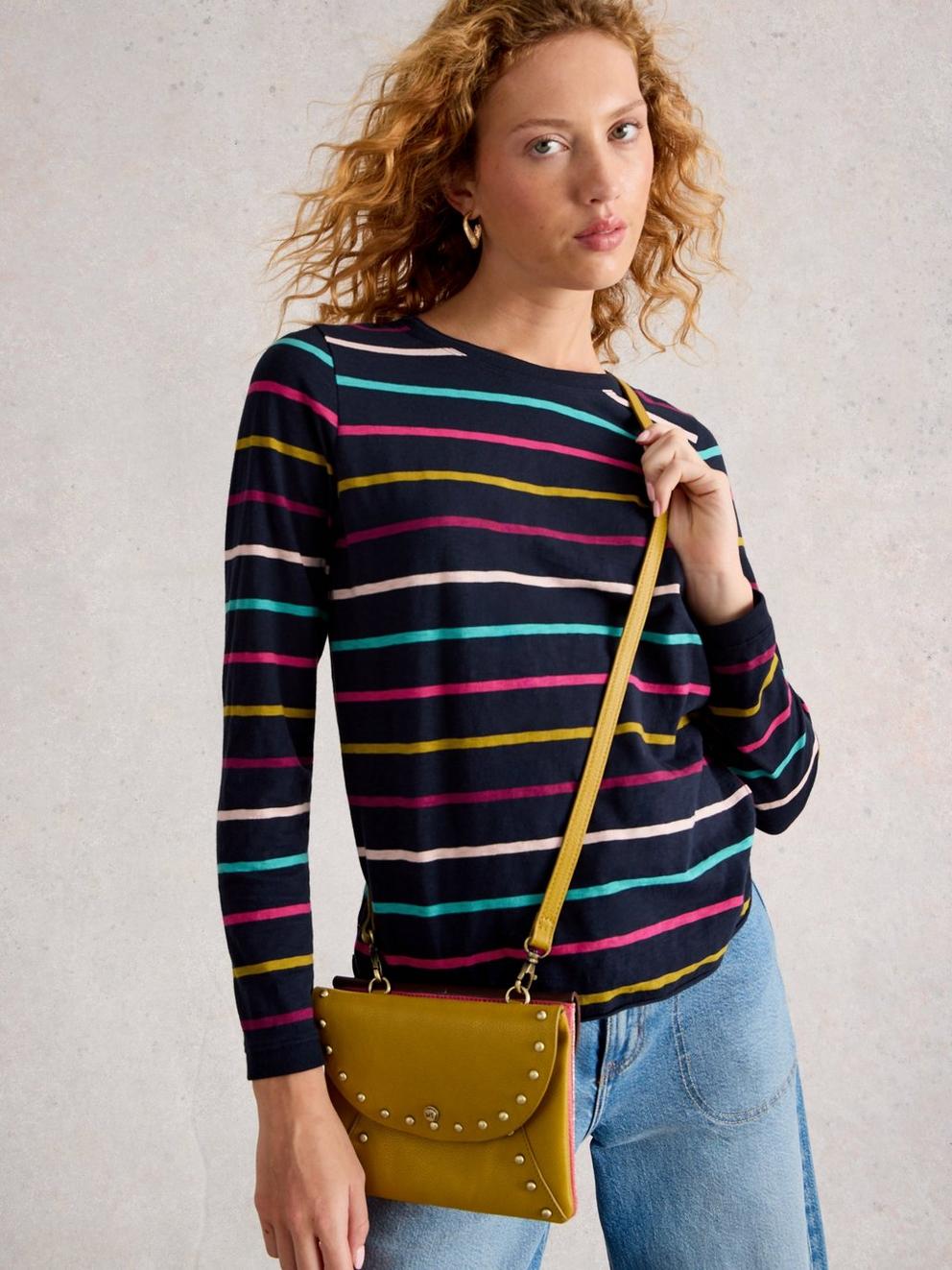 CLARA STRIPE CREW NECK TEE in NAVY MULTI - MODEL DETAIL