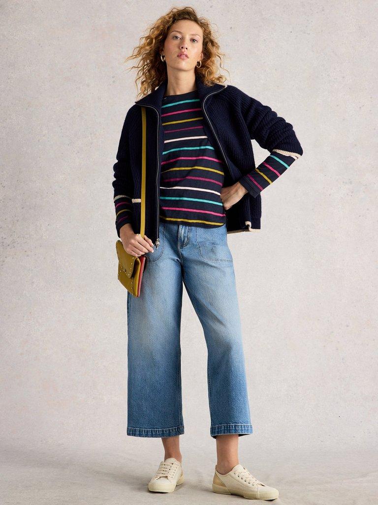 CLARA STRIPE CREW NECK TEE in NAVY MULTI - MODEL FRONT