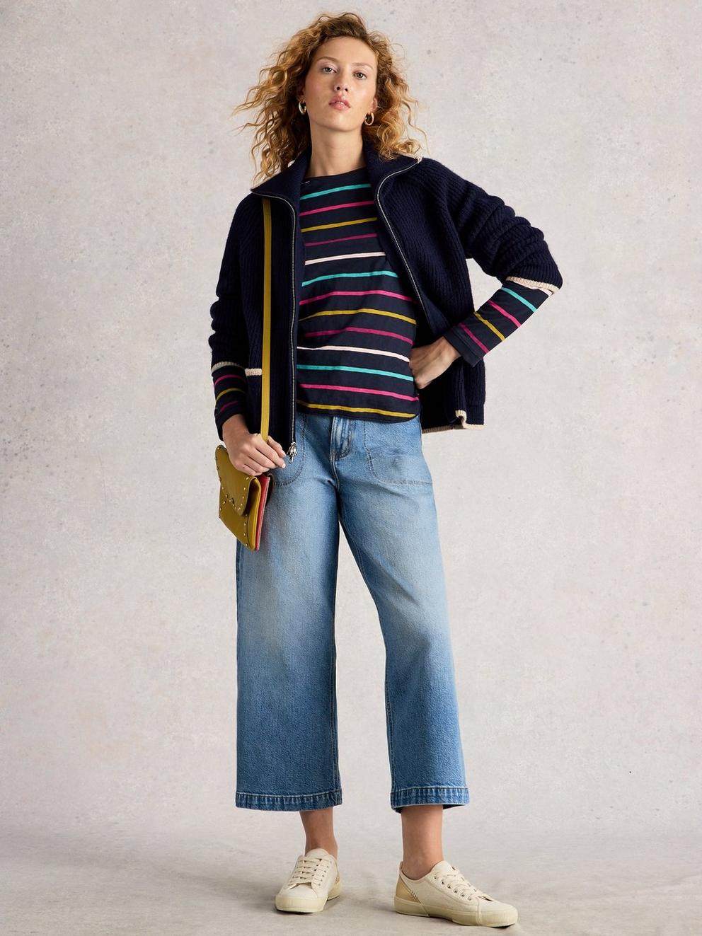 CLARA STRIPE CREW NECK TEE in NAVY MULTI - MODEL FRONT