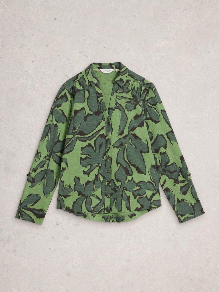 ANNIE JERSEY COLLARED MID LENGTH SHIRT in GREEN MLT - FLAT FRONT