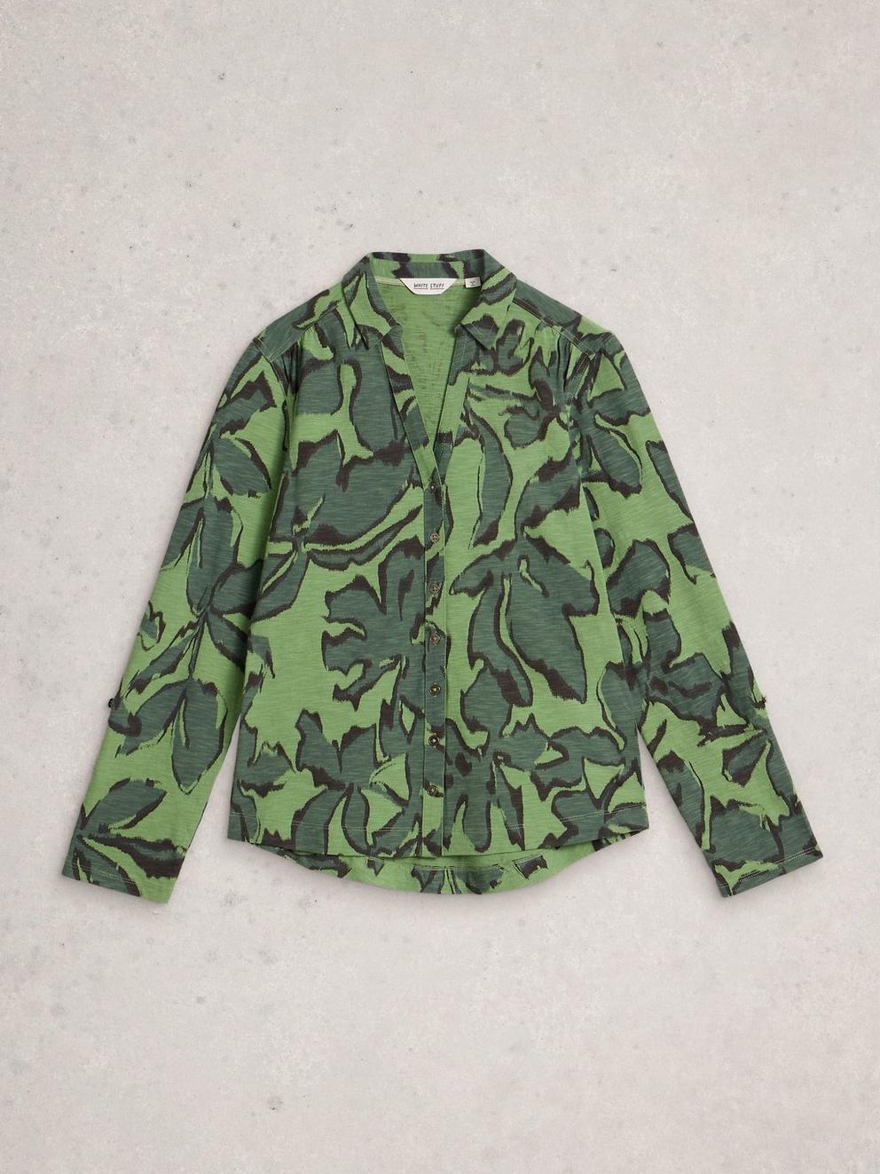 ANNIE JERSEY COLLARED MID LENGTH SHIRT in GREEN MLT - FLAT FRONT